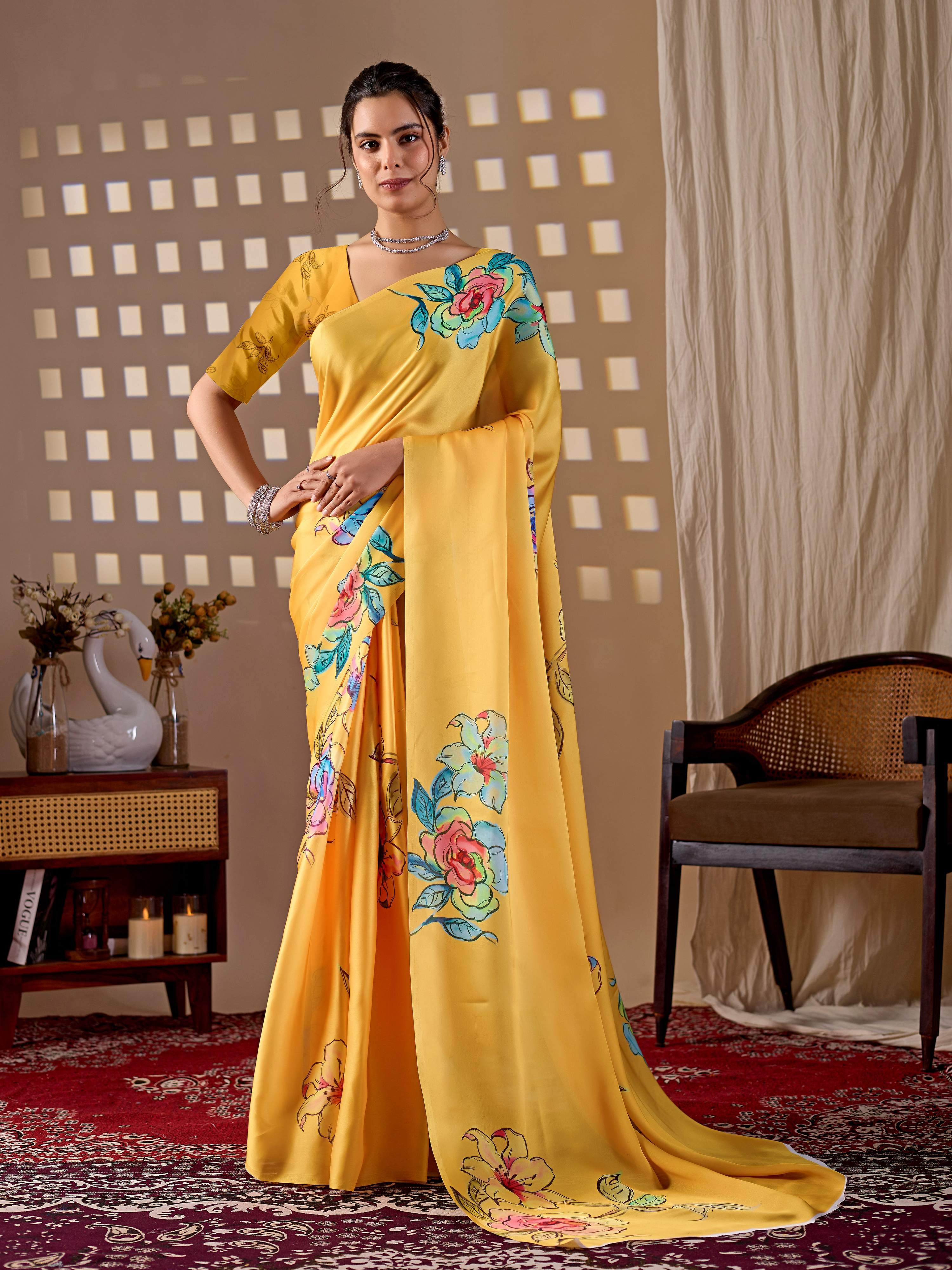 Aastha Fashion Yellow Soft Satin Georgette Printed Saree - Distacart