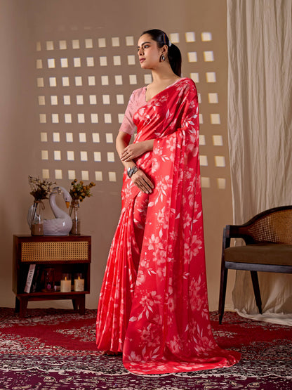 Aastha Fashion Red Soft Satin Georgette Printed Saree - Distacart