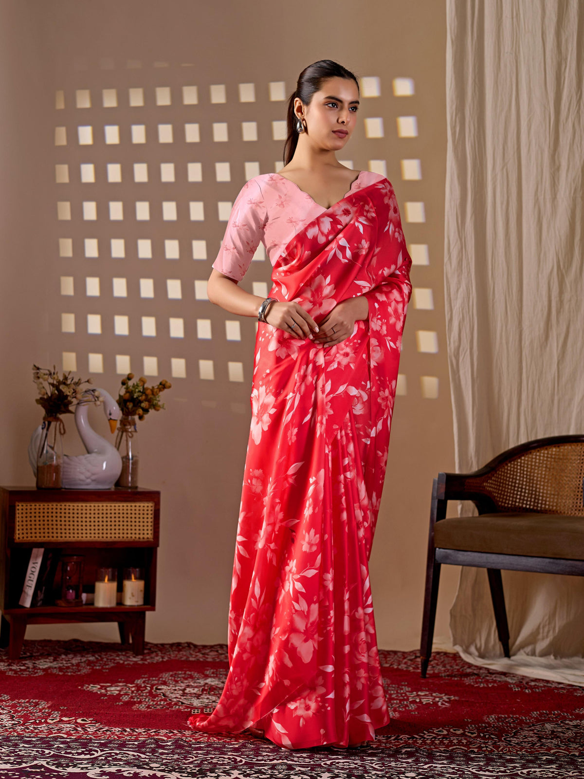 Aastha Fashion Red Soft Satin Georgette Printed Saree - Distacart