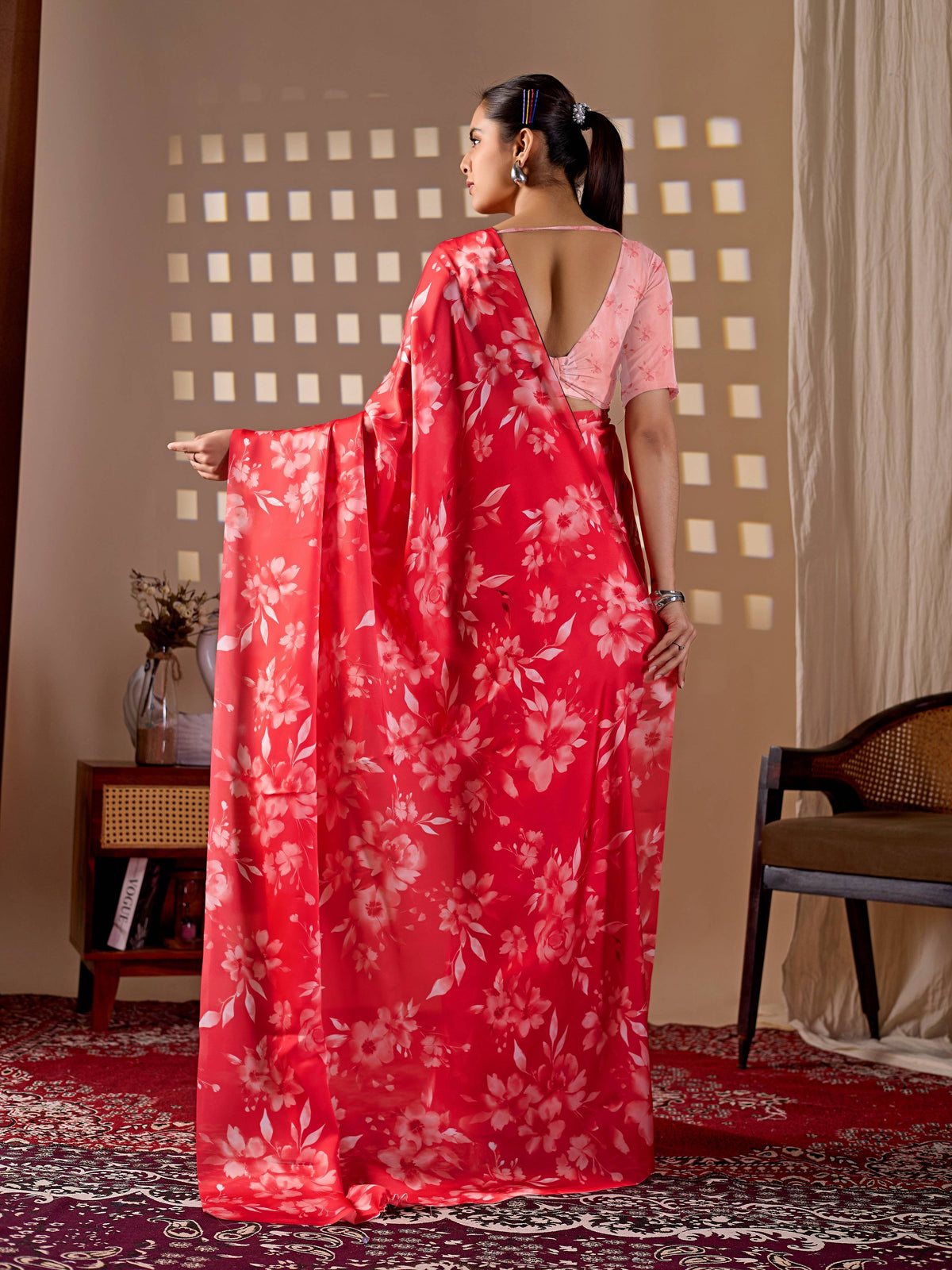 Aastha Fashion Red Soft Satin Georgette Printed Saree - Distacart