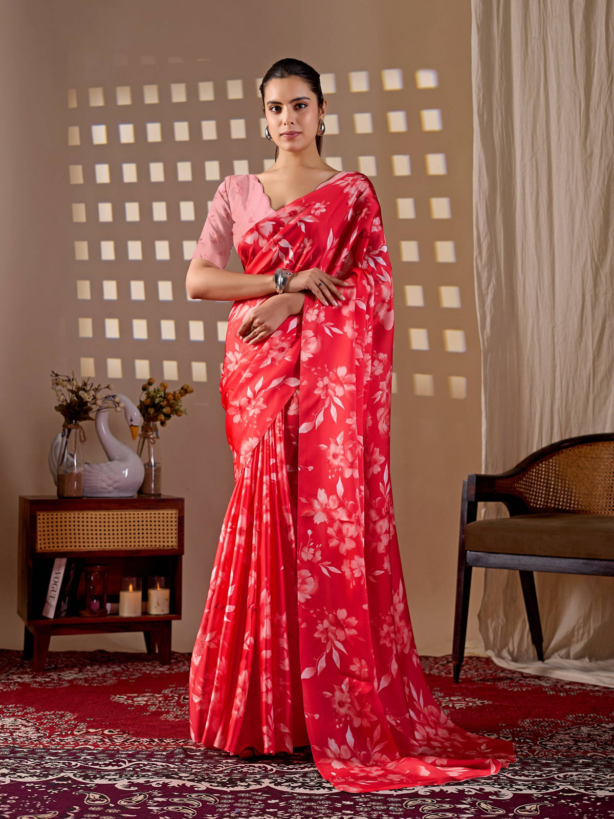 Aastha Fashion Red Soft Satin Georgette Printed Saree - Distacart