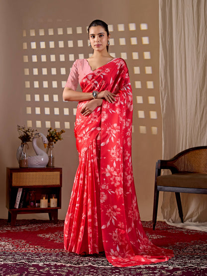 Aastha Fashion Red Soft Satin Georgette Printed Saree - Distacart