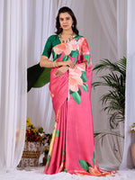 Thumbnail for Aastha Fashion Pink Soft Satin Georgette Printed Saree - Distacart