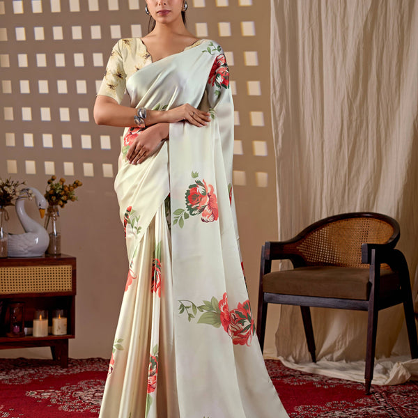 Aastha Fashion Cream Soft Satin Georgette Printed Saree - Distacart