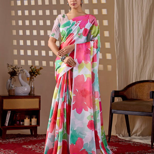 Aastha Fashion Multi Soft Satin Georgette Printed Saree - Distacart