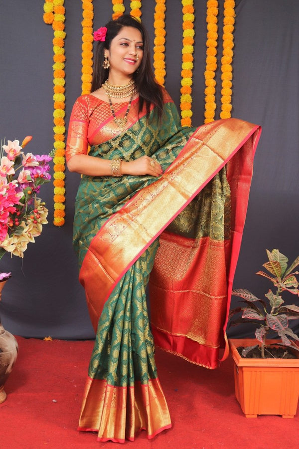 Aastha Fashion Green Woven Kanjivaram Silk Saree with Blouse - Distacart