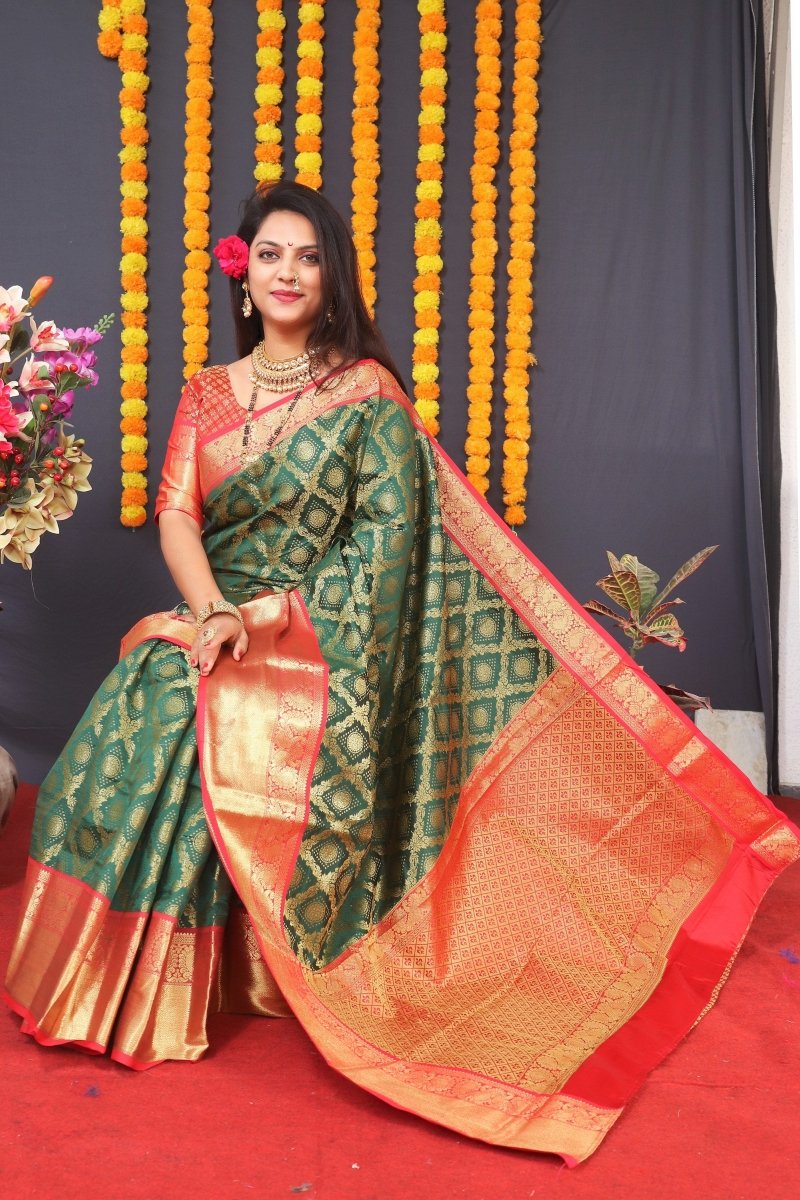 Aastha Fashion Green Woven Kanjivaram Silk Saree with Blouse - Distacart