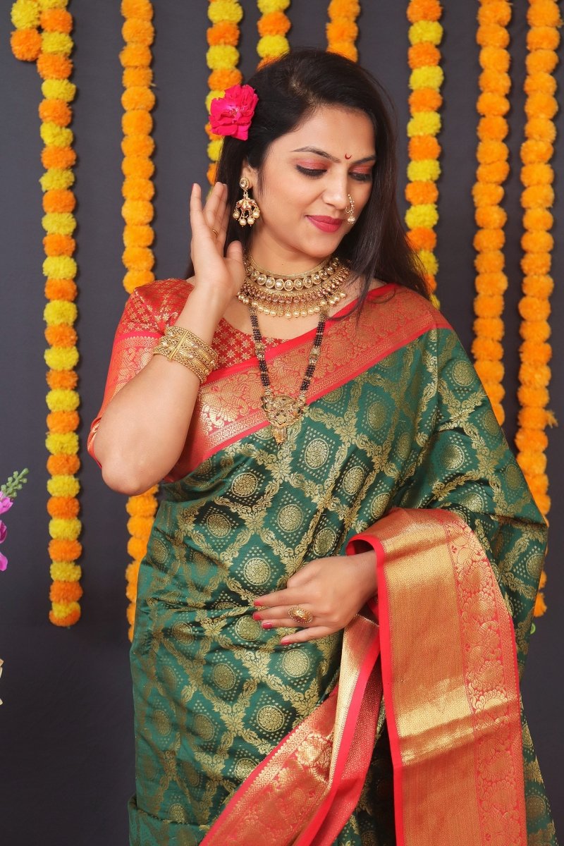 Aastha Fashion Green Woven Kanjivaram Silk Saree with Blouse - Distacart