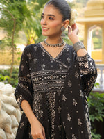 Thumbnail for Hand Embroidered & Floral Jaal Printed Angarkha Style Anarkali Kurta With Pant & Coordinated Dupatta, Black - Hiral Fashion - Distacart