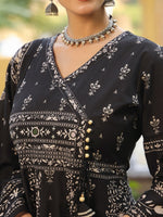 Thumbnail for Hand Embroidered & Floral Jaal Printed Angarkha Style Anarkali Kurta With Pant & Coordinated Dupatta, Black - Hiral Fashion - Distacart