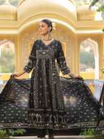 Thumbnail for Hand Embroidered & Floral Jaal Printed Angarkha Style Anarkali Kurta With Pant & Coordinated Dupatta, Black - Hiral Fashion - Distacart