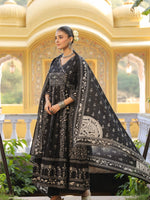 Thumbnail for Hand Embroidered & Floral Jaal Printed Angarkha Style Anarkali Kurta With Pant & Coordinated Dupatta, Black - Hiral Fashion - Distacart