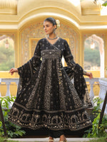 Thumbnail for Hand Embroidered & Floral Jaal Printed Angarkha Style Anarkali Kurta With Pant & Coordinated Dupatta, Black - Hiral Fashion - Distacart
