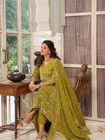 Thumbnail for Hand Embroidered & Floral Jaal Printed Angarkha Style Anarkali Kurta With Pant & Coordinated Dupatta, Olive - Hiral Fashion - Distacart