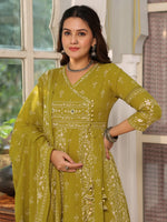 Thumbnail for Hand Embroidered & Floral Jaal Printed Angarkha Style Anarkali Kurta With Pant & Coordinated Dupatta, Olive - Hiral Fashion - Distacart