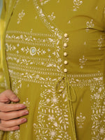 Thumbnail for Hand Embroidered & Floral Jaal Printed Angarkha Style Anarkali Kurta With Pant & Coordinated Dupatta, Olive - Hiral Fashion - Distacart