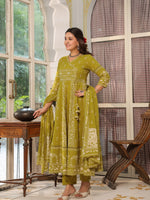 Thumbnail for Hand Embroidered & Floral Jaal Printed Angarkha Style Anarkali Kurta With Pant & Coordinated Dupatta, Olive - Hiral Fashion - Distacart