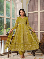 Thumbnail for Hand Embroidered & Floral Jaal Printed Angarkha Style Anarkali Kurta With Pant & Coordinated Dupatta, Olive - Hiral Fashion - Distacart