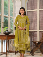 Thumbnail for Hand Embroidered & Floral Jaal Printed Angarkha Style Anarkali Kurta With Pant & Coordinated Dupatta, Olive - Hiral Fashion - Distacart
