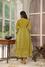 Thumbnail for Hand Embroidered & Floral Jaal Printed Angarkha Style Anarkali Kurta With Pant & Coordinated Dupatta, Olive - Hiral Fashion - Distacart