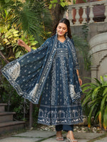 Thumbnail for Hand Embroidered & Floral Jaal Printed Angarkha Style Anarkali Kurta With Pant & Coordinated Dupatta, Teal - Hiral Fashion - Distacart