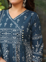 Thumbnail for Hand Embroidered & Floral Jaal Printed Angarkha Style Anarkali Kurta With Pant & Coordinated Dupatta, Teal - Hiral Fashion - Distacart