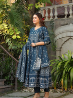 Thumbnail for Hand Embroidered & Floral Jaal Printed Angarkha Style Anarkali Kurta With Pant & Coordinated Dupatta, Teal - Hiral Fashion - Distacart