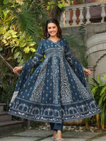 Thumbnail for Hand Embroidered & Floral Jaal Printed Angarkha Style Anarkali Kurta With Pant & Coordinated Dupatta, Teal - Hiral Fashion - Distacart