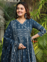 Thumbnail for Hand Embroidered & Floral Jaal Printed Angarkha Style Anarkali Kurta With Pant & Coordinated Dupatta, Teal - Hiral Fashion - Distacart