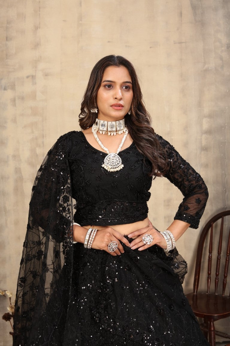 Aastha Fashion Black Net Hand Work With attached Can can Semi Stitched Lehenga Choli