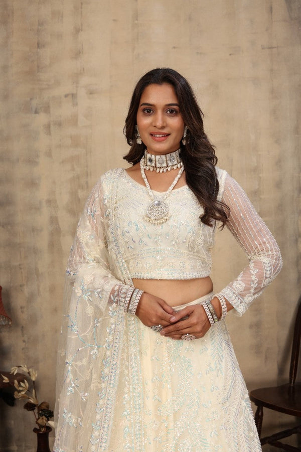Aastha Fashion Off White Net Hand Work With attached Can can Semi Stitched Lehenga Choli