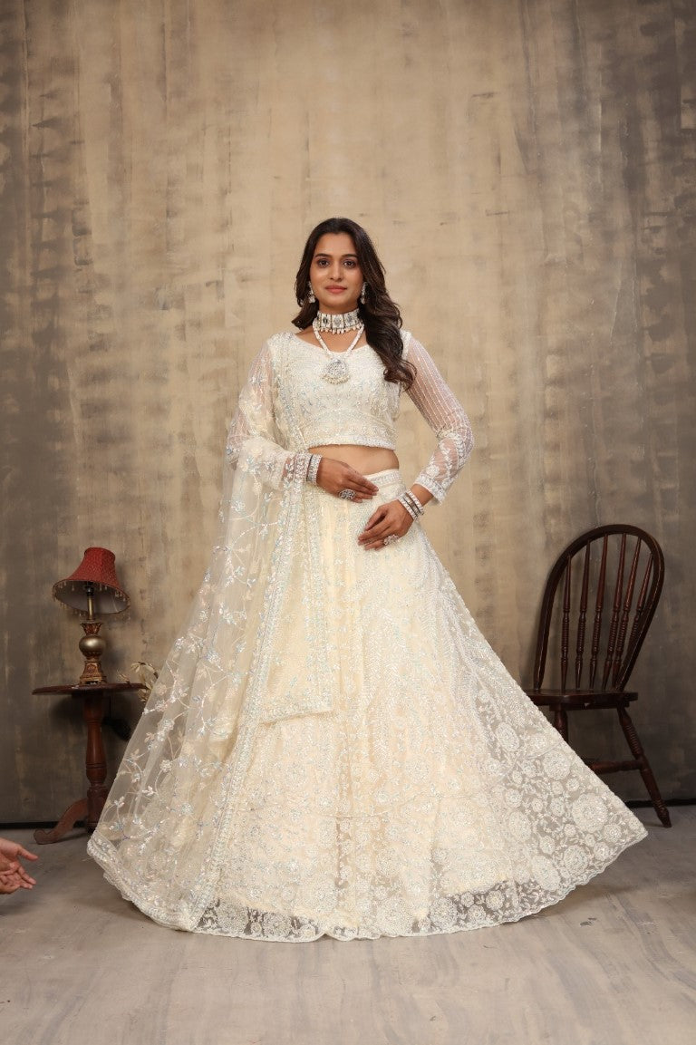 Aastha Fashion Off White Net Hand Work With attached Can can Semi Stitched Lehenga Choli