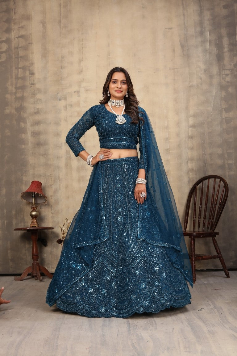 Aastha Fashion Turquoise Net Hand Work With attached Can can Semi Stitched Lehenga Choli