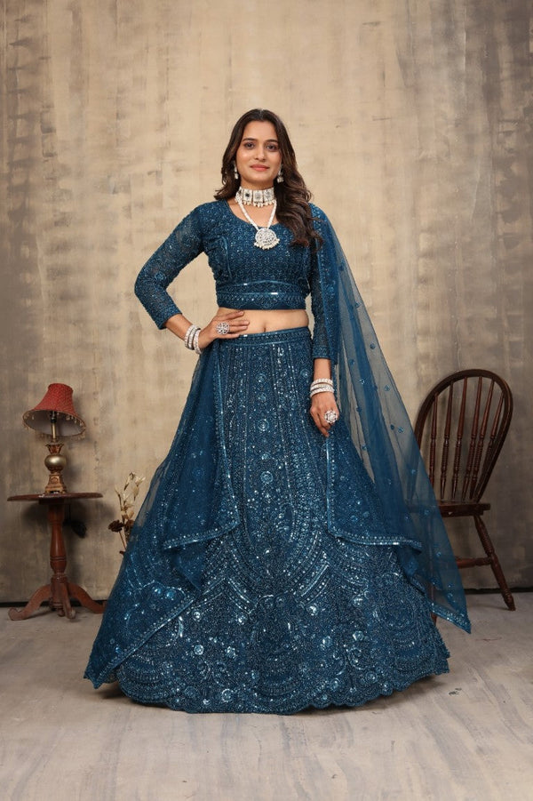 Aastha Fashion Turquoise Net Hand Work With attached Can can Semi Stitched Lehenga Choli