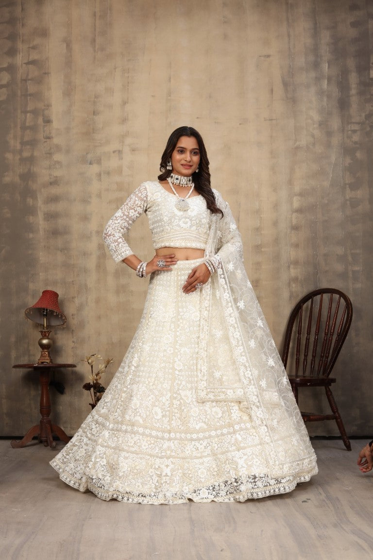 Aastha Fashion Off White Net Hand Work With attached Can can Semi Stitched Lehenga Choli
