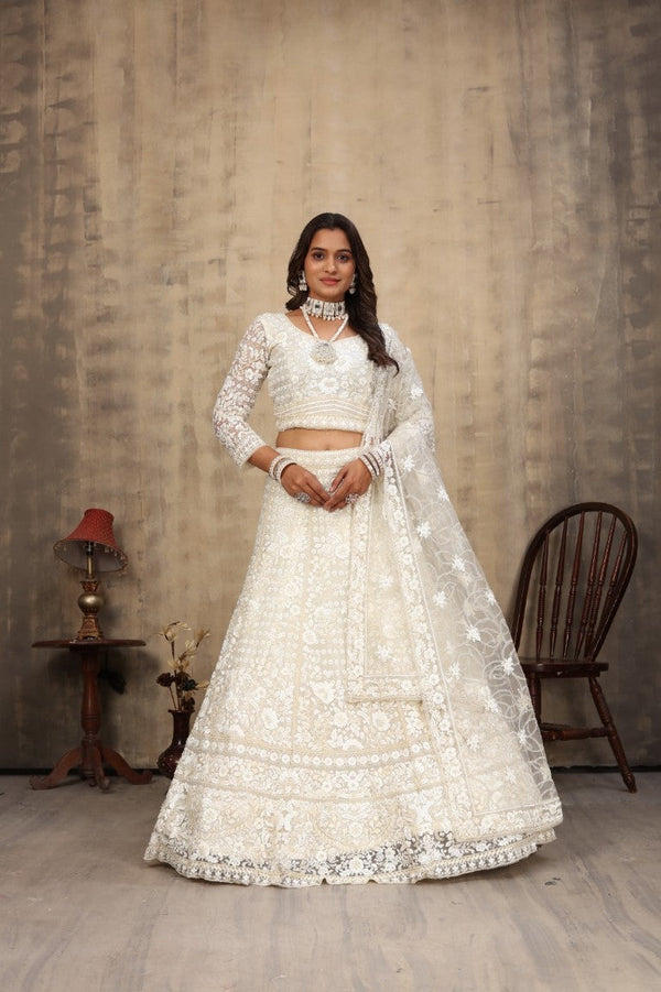 Aastha Fashion Off White Net Hand Work With attached Can can Semi Stitched Lehenga Choli