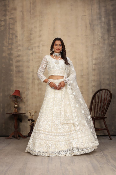 Aastha Fashion Off White Net Hand Work With attached Can can Semi Stitched Lehenga Choli