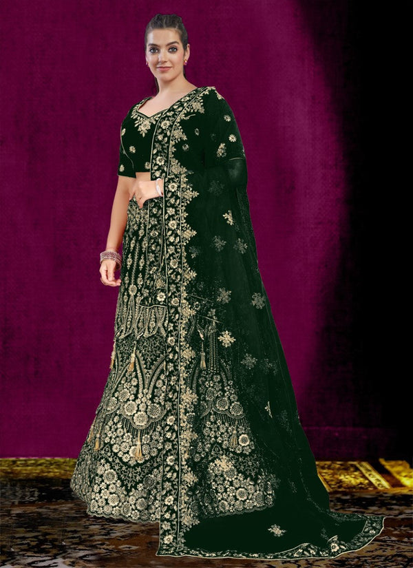 Aastha Fashion Green Velvet Embroidery With Heavy Tussle With Heavy can can attached Semi Stitched Lehenga Choli
