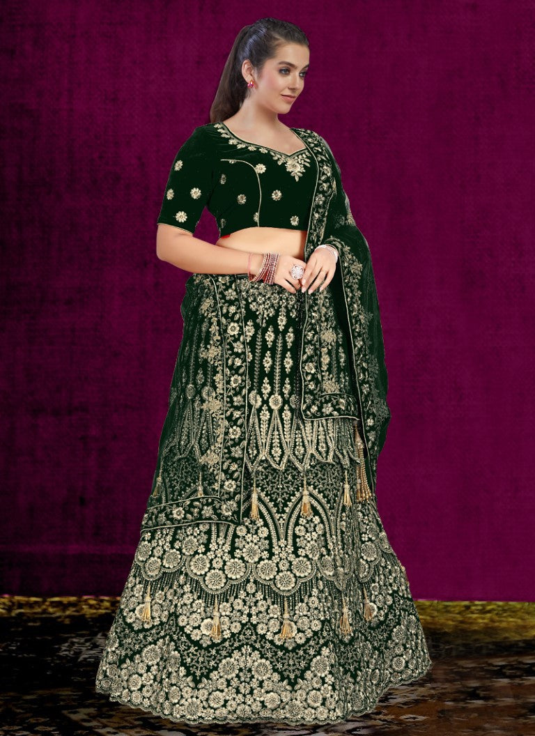 Aastha Fashion Green Velvet Embroidery With Heavy Tussle With Heavy can can attached Semi Stitched Lehenga Choli
