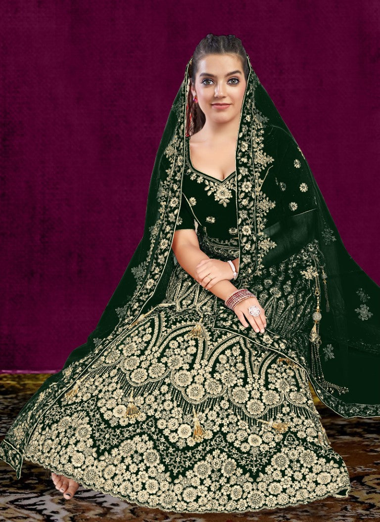 Aastha Fashion Green Velvet Embroidery With Heavy Tussle With Heavy can can attached Semi Stitched Lehenga Choli