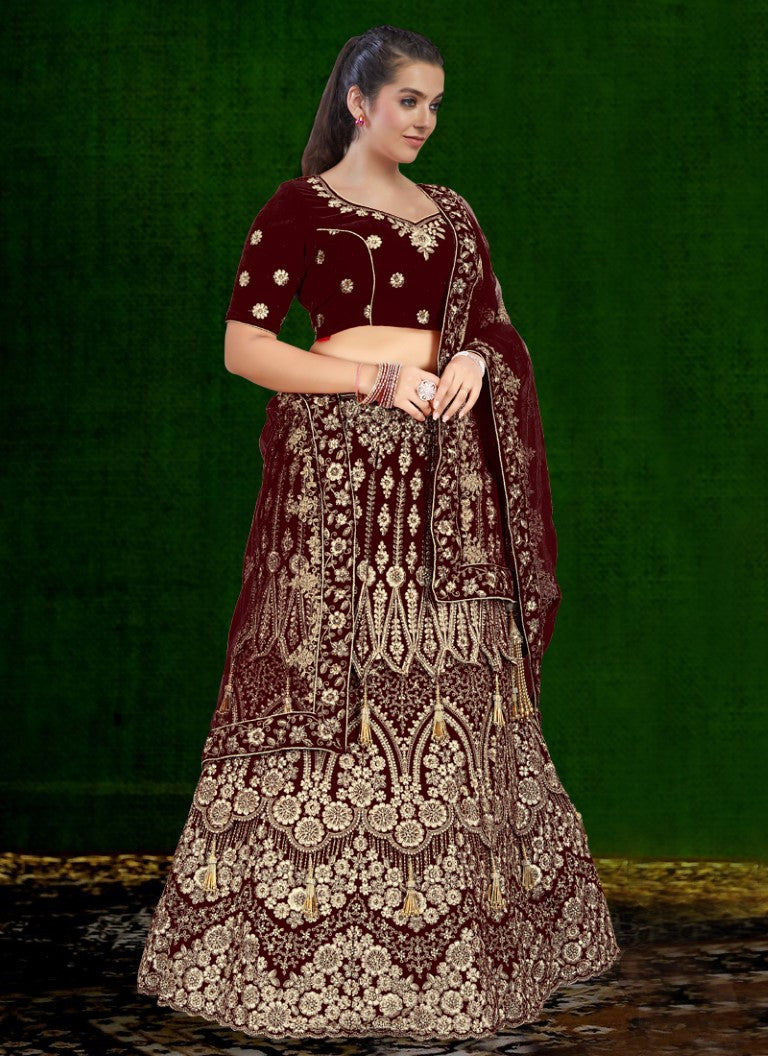 Aastha Fashion Maroon Velvet Embroidery With Heavy Tussle With Heavy can can attached Semi Stitched Lehenga Choli