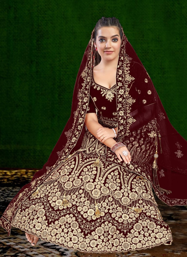 Aastha Fashion Maroon Velvet Embroidery With Heavy Tussle With Heavy can can attached Semi Stitched Lehenga Choli