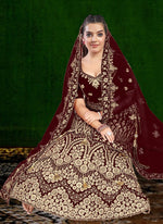Thumbnail for Aastha Fashion Maroon Velvet Embroidery With Heavy Tussle With Heavy can can attached Semi Stitched Lehenga Choli