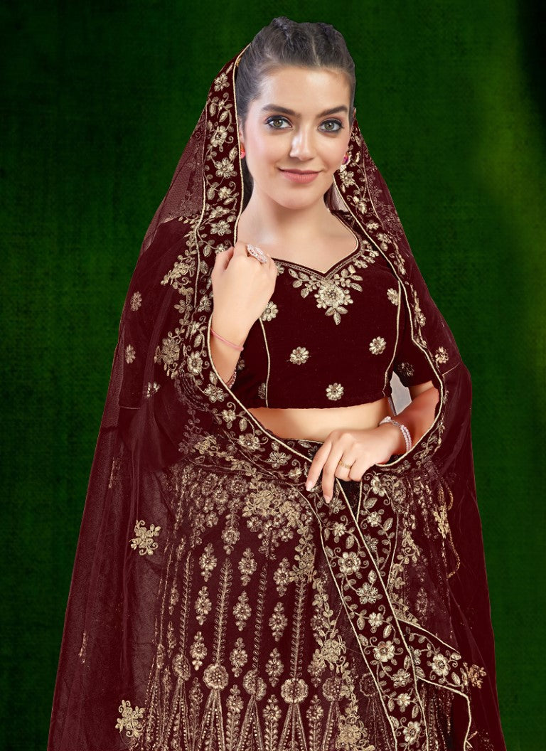 Aastha Fashion Maroon Velvet Embroidery With Heavy Tussle With Heavy can can attached Semi Stitched Lehenga Choli