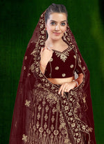 Thumbnail for Aastha Fashion Maroon Velvet Embroidery With Heavy Tussle With Heavy can can attached Semi Stitched Lehenga Choli