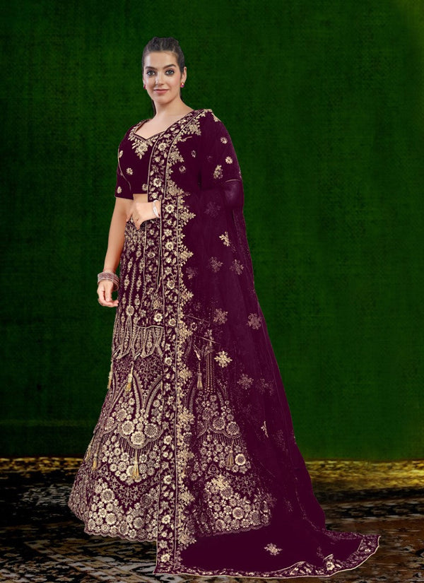 Aastha Fashion Wine Velvet Embroidery With Heavy Tussle With Heavy can can attached Semi Stitched Lehenga Choli