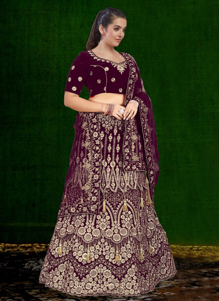 Aastha Fashion Wine Velvet Embroidery With Heavy Tussle With Heavy can can attached Semi Stitched Lehenga Choli