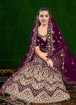 Thumbnail for Aastha Fashion Wine Velvet Embroidery With Heavy Tussle With Heavy can can attached Semi Stitched Lehenga Choli