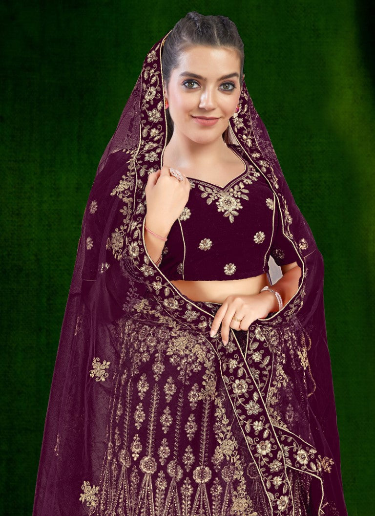 Aastha Fashion Wine Velvet Embroidery With Heavy Tussle With Heavy can can attached Semi Stitched Lehenga Choli