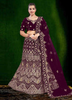 Thumbnail for Aastha Fashion Wine Velvet Embroidery With Heavy Tussle With Heavy can can attached Semi Stitched Lehenga Choli